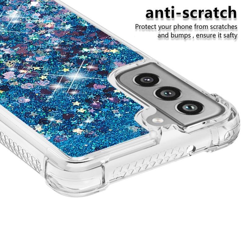 Glitter přesýpací gelový obal na Samsung Galaxy S21 FE 5G - modrý/srdíčka