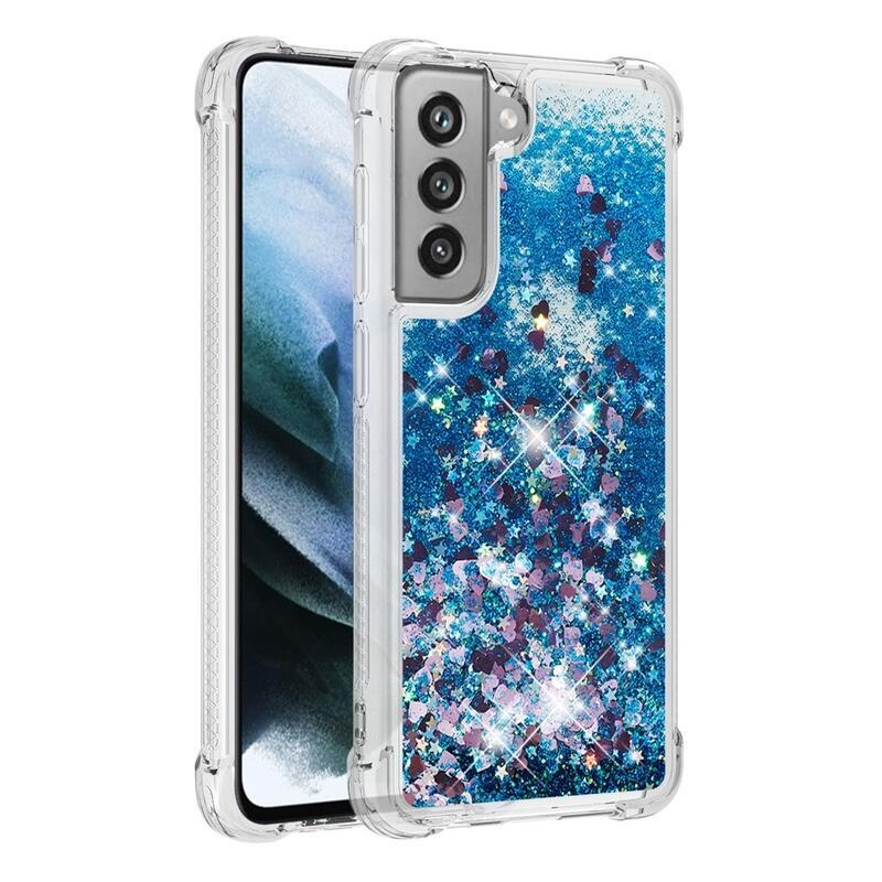 Glitter přesýpací gelový obal na Samsung Galaxy S21 FE 5G - modrý/srdíčka