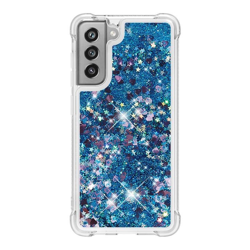 Glitter přesýpací gelový obal na Samsung Galaxy S21 FE 5G - modrý/srdíčka