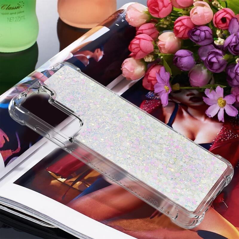 Glitter přesýpací gelový obal na Samsung Galaxy S21 FE 5G - růžovostříbrný/srdíčka
