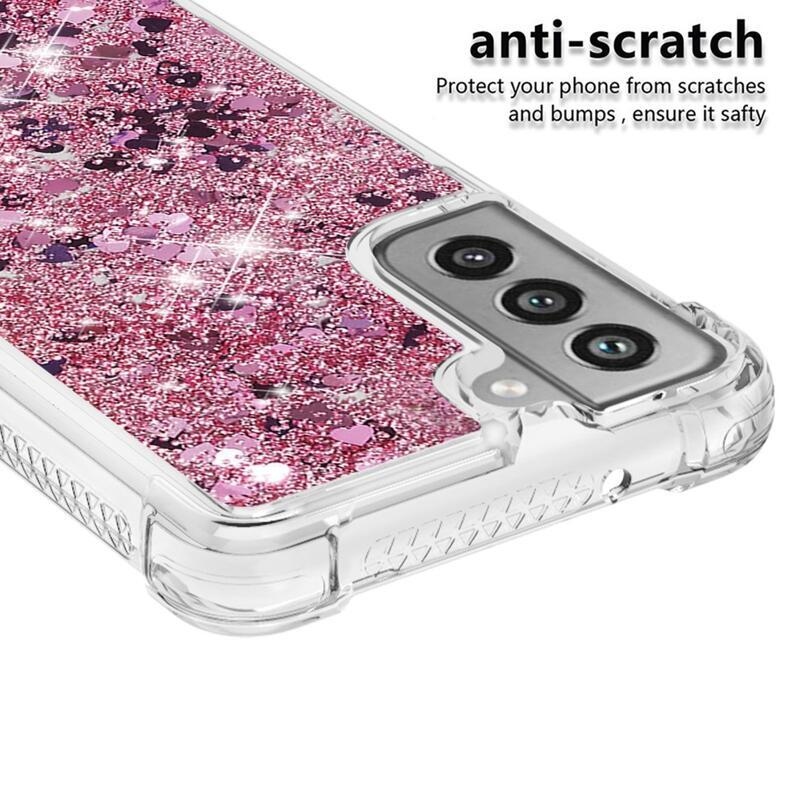 Glitter přesýpací gelový obal na Samsung Galaxy S21 FE 5G - růžovozlatý/srdíčka