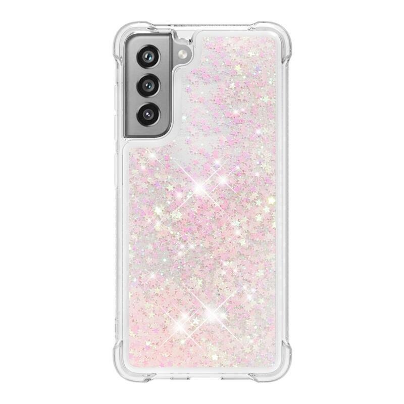 Glitter přesýpací gelový obal na Samsung Galaxy S21 FE 5G - růžový/hvězdičky