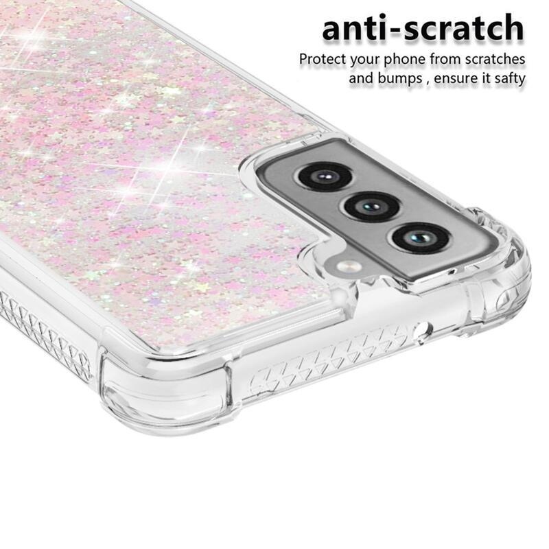 Glitter přesýpací gelový obal na Samsung Galaxy S21 FE 5G - růžový/hvězdičky