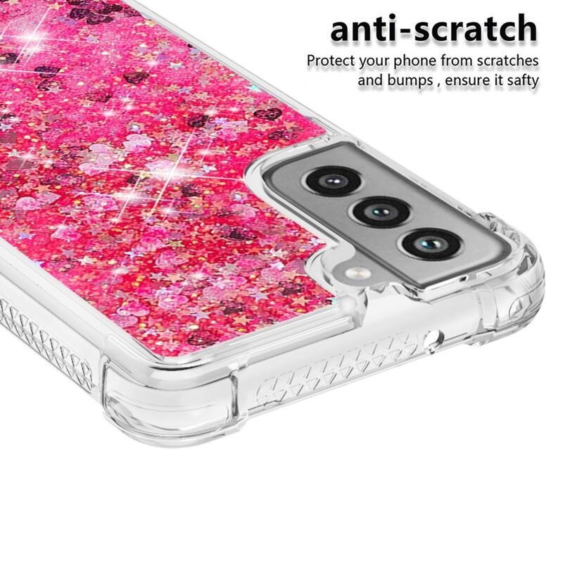 Glitter přesýpací gelový obal na Samsung Galaxy S21 FE 5G - růžový/srdíčka
