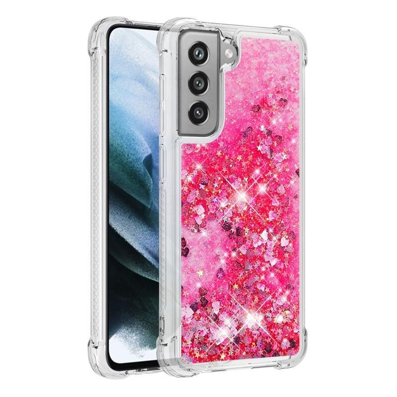 Glitter přesýpací gelový obal na Samsung Galaxy S21 FE 5G - růžový/srdíčka
