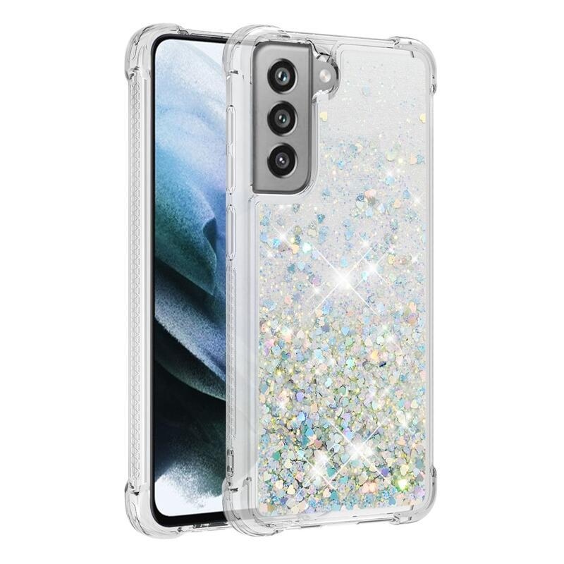Glitter přesýpací gelový obal na Samsung Galaxy S21 FE 5G - stříbrný/srdíčka
