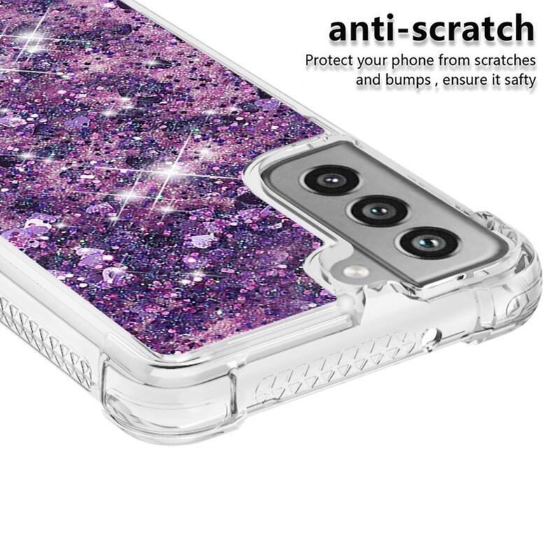 Glitter přesýpací gelový obal na Samsung Galaxy S21 FE 5G - tmavěfialový/srdíčka