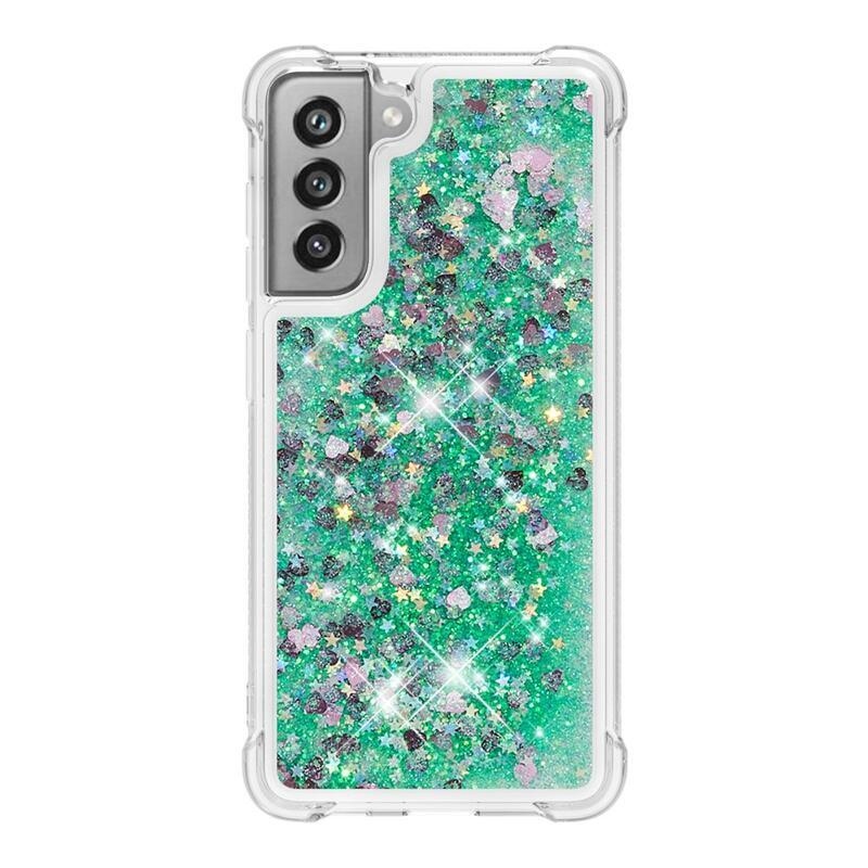 Glitter přesýpací gelový obal na Samsung Galaxy S21 FE 5G - zelený/srdíčka