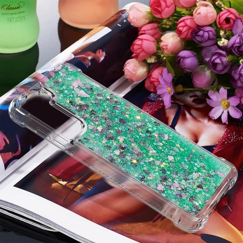 Glitter přesýpací gelový obal na Samsung Galaxy S21 FE 5G - zelený/srdíčka