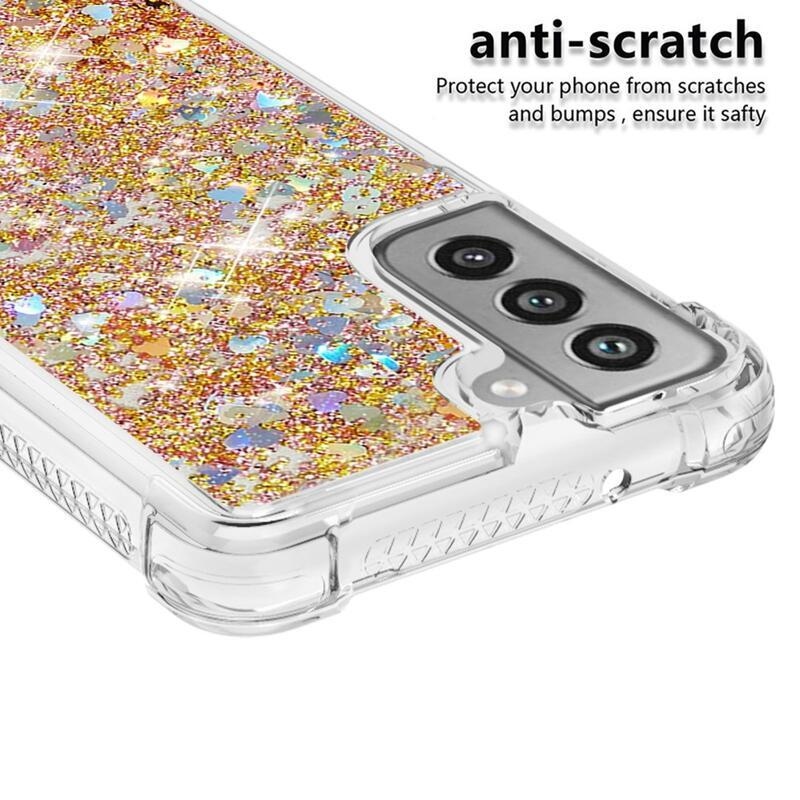 Glitter přesýpací gelový obal na Samsung Galaxy S21 FE 5G - zlatý/srdíčka