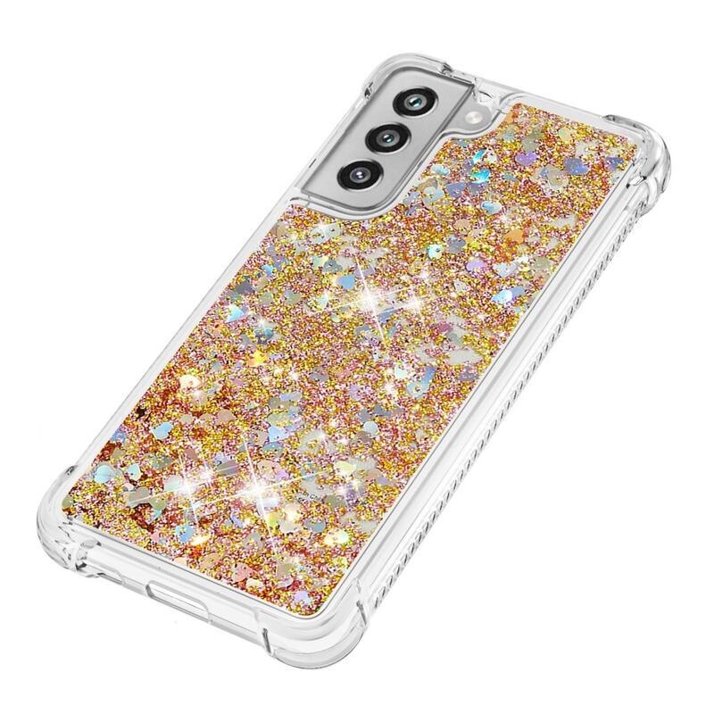 Glitter přesýpací gelový obal na Samsung Galaxy S21 FE 5G - zlatý/srdíčka