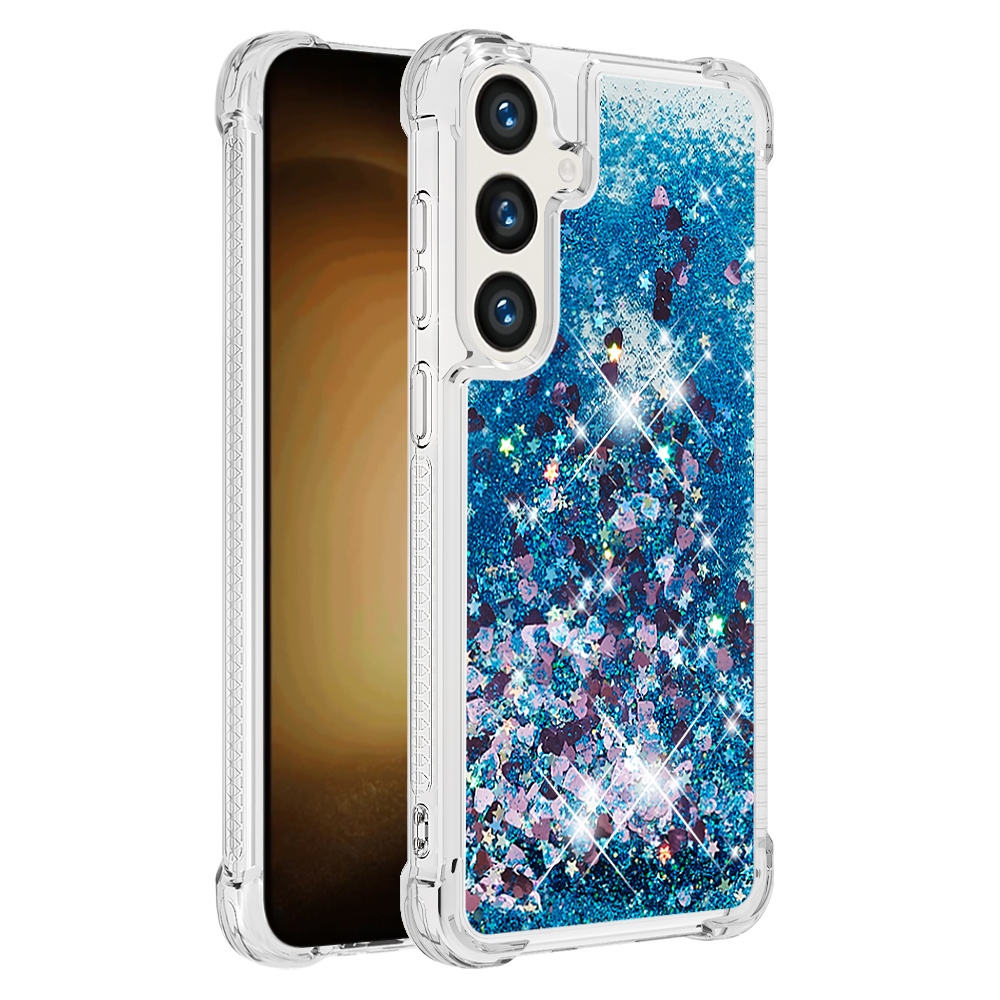 Glitter přesýpací gelový obal na Samsung Galaxy S26 FE/S25 FE - modrý/srdíčka