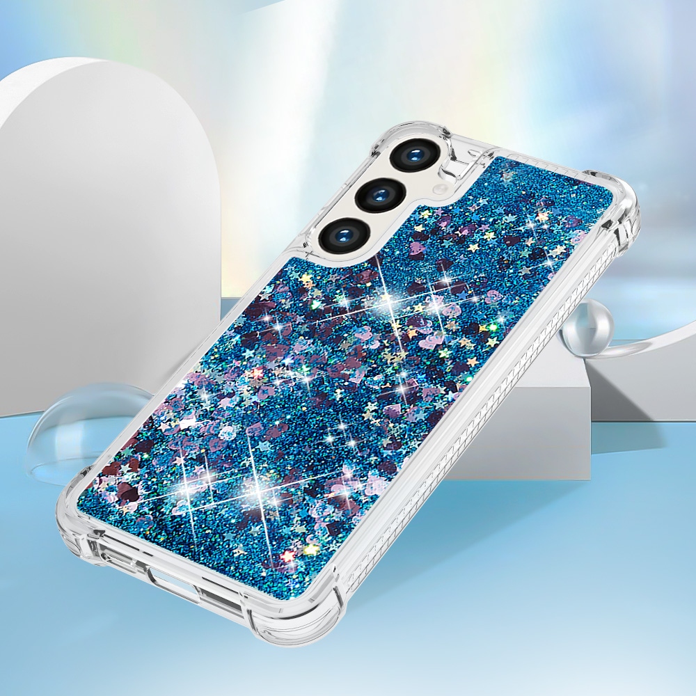 Glitter přesýpací gelový obal na Samsung Galaxy S26 FE/S25 FE - modrý/srdíčka