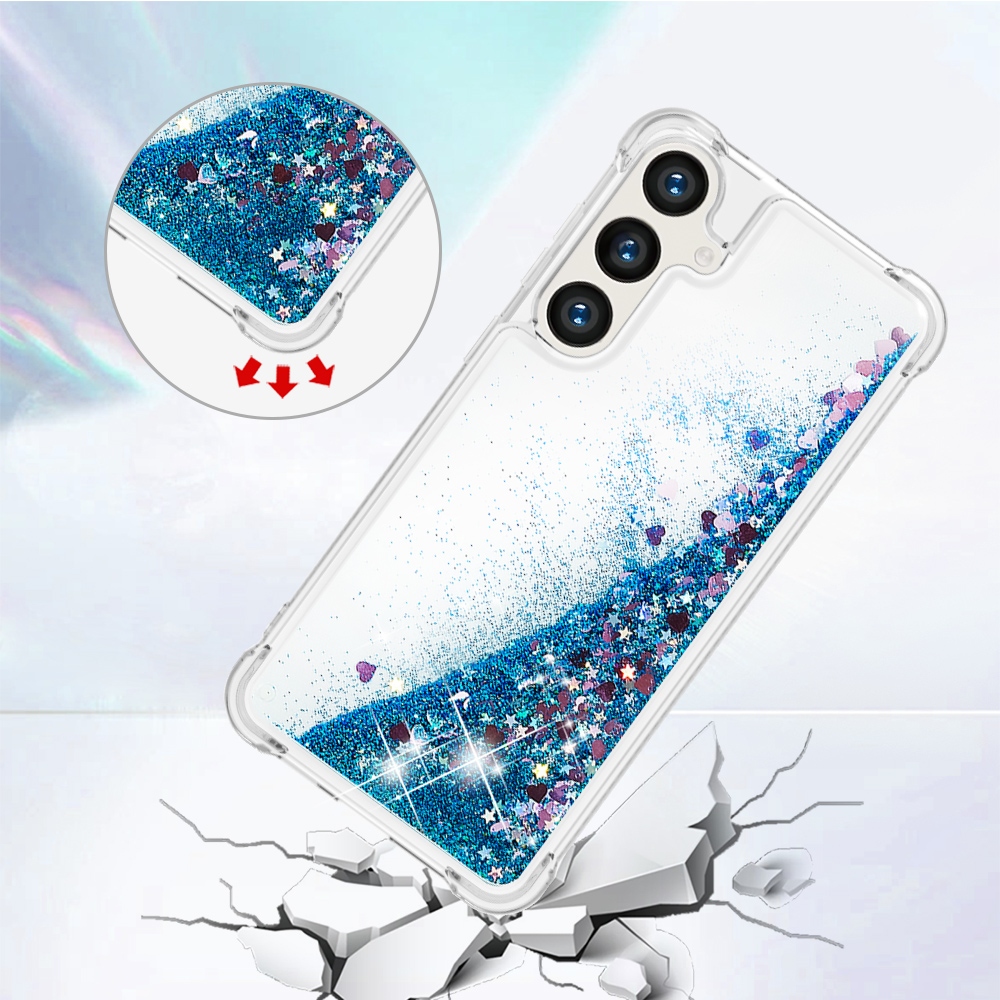 Glitter přesýpací gelový obal na Samsung Galaxy S26 FE/S25 FE - modrý/srdíčka