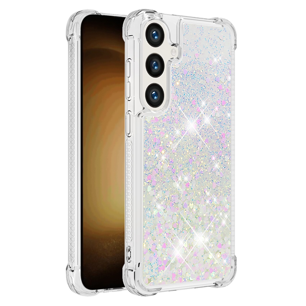 Glitter přesýpací gelový obal na Samsung Galaxy S26 FE/S25 FE - růžovostříbrný/srdíčka