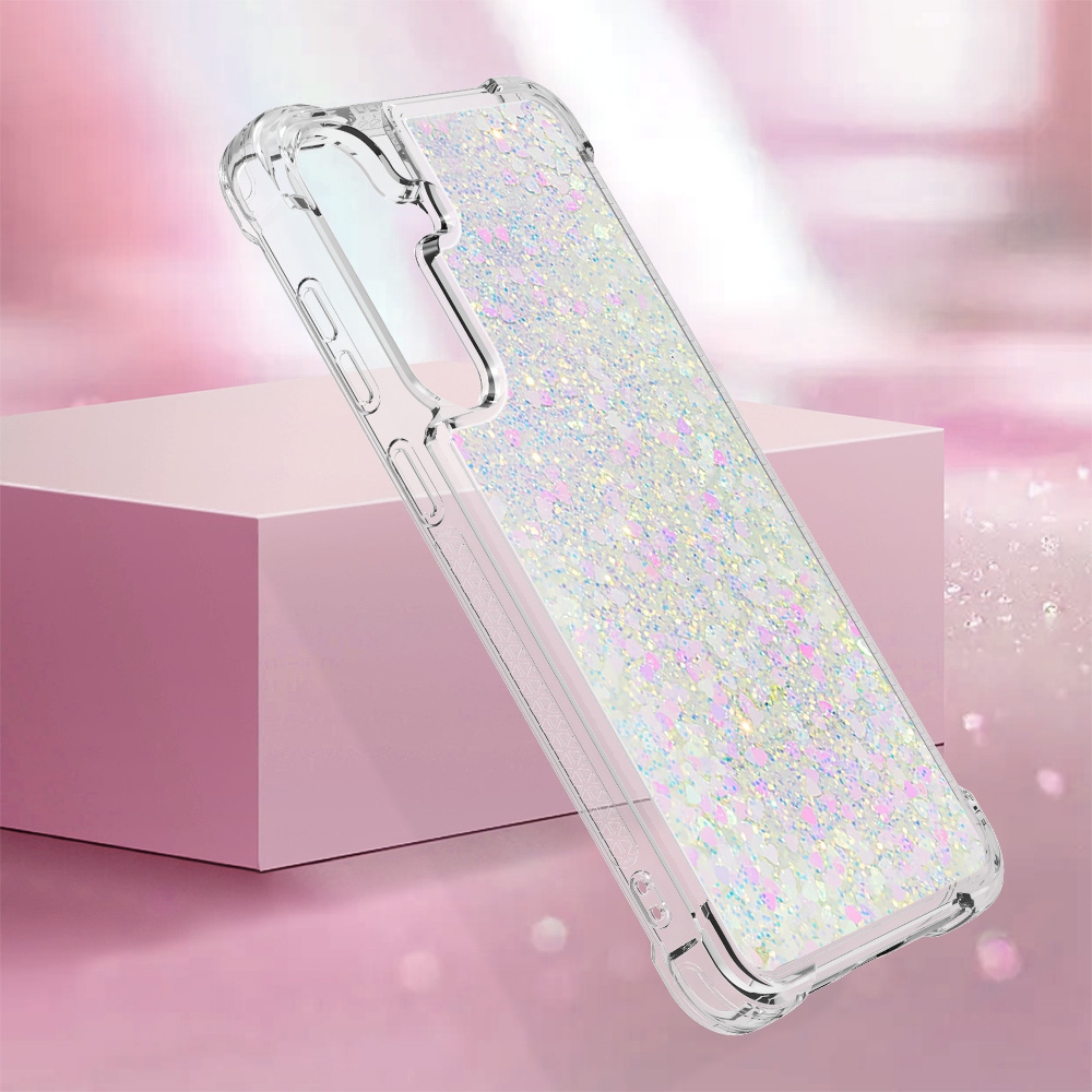 Glitter přesýpací gelový obal na Samsung Galaxy S26 FE/S25 FE - růžovostříbrný/srdíčka