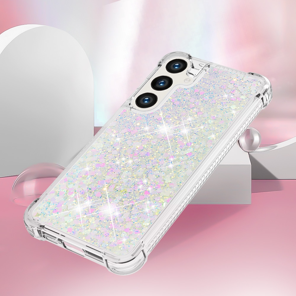 Glitter přesýpací gelový obal na Samsung Galaxy S26 FE/S25 FE - růžovostříbrný/srdíčka
