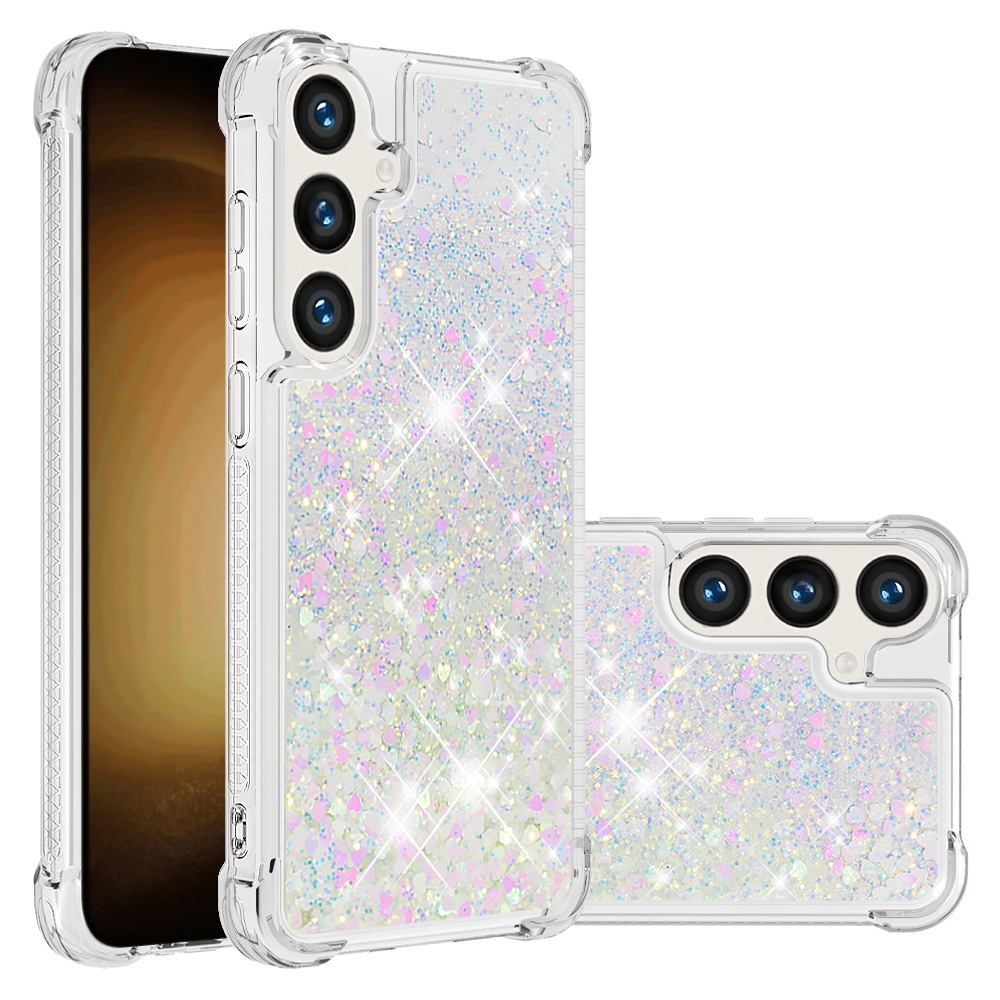 Glitter přesýpací gelový obal na Samsung Galaxy S26 FE/S25 FE - růžovostříbrný/srdíčka