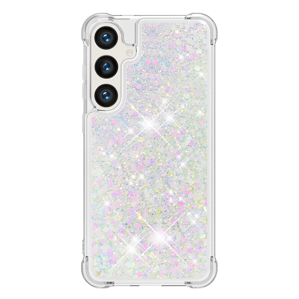 Glitter přesýpací gelový obal na Samsung Galaxy S26 FE/S25 FE - růžovostříbrný/srdíčka