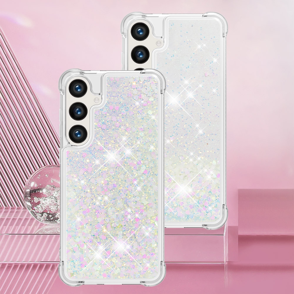Glitter přesýpací gelový obal na Samsung Galaxy S26 FE/S25 FE - růžovostříbrný/srdíčka