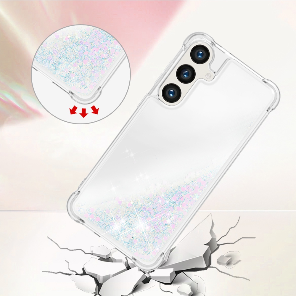 Glitter přesýpací gelový obal na Samsung Galaxy S26 FE/S25 FE - růžovostříbrný/srdíčka