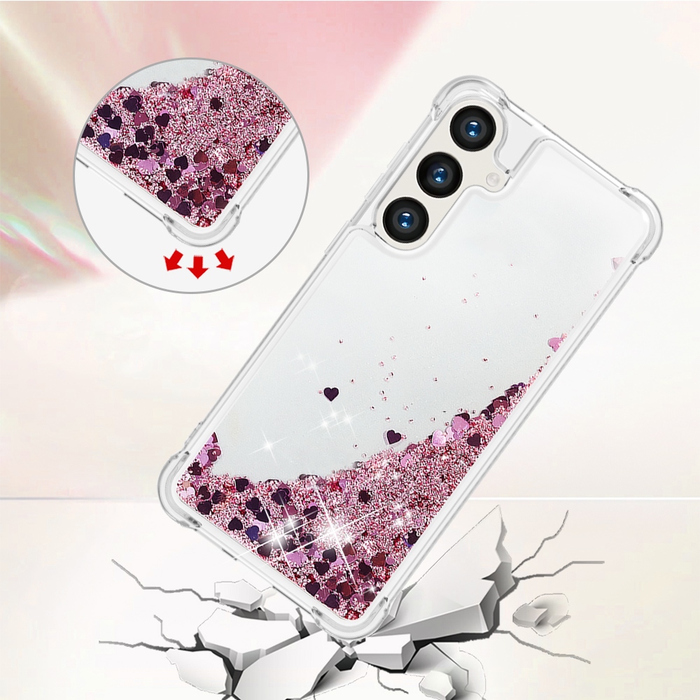 Glitter přesýpací gelový obal na Samsung Galaxy S26 FE/S25 FE - růžovozlatý/srdíčka