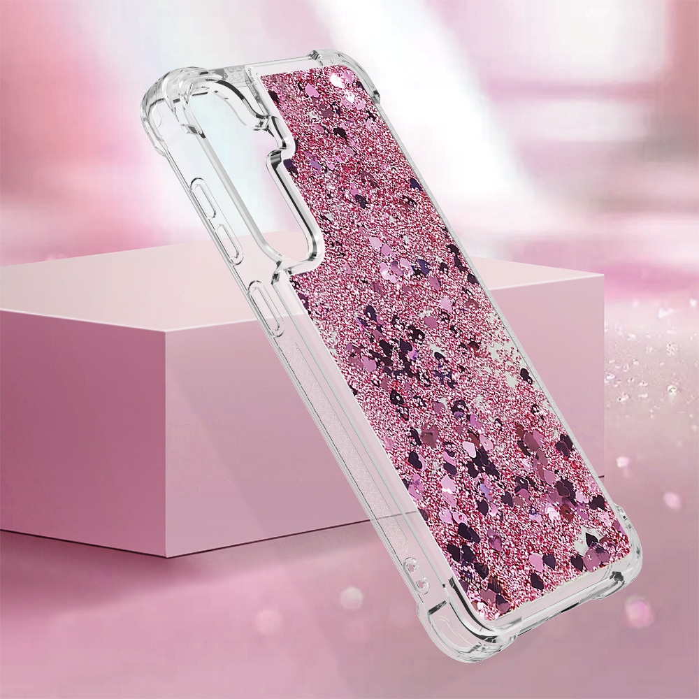 Glitter přesýpací gelový obal na Samsung Galaxy S26 FE/S25 FE - růžovozlatý/srdíčka