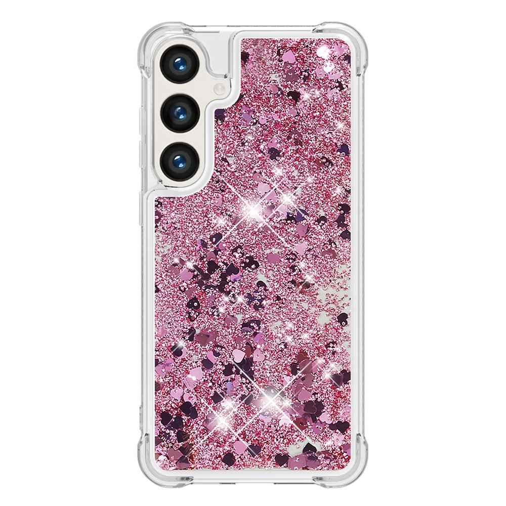 Glitter přesýpací gelový obal na Samsung Galaxy S26 FE/S25 FE - růžovozlatý/srdíčka