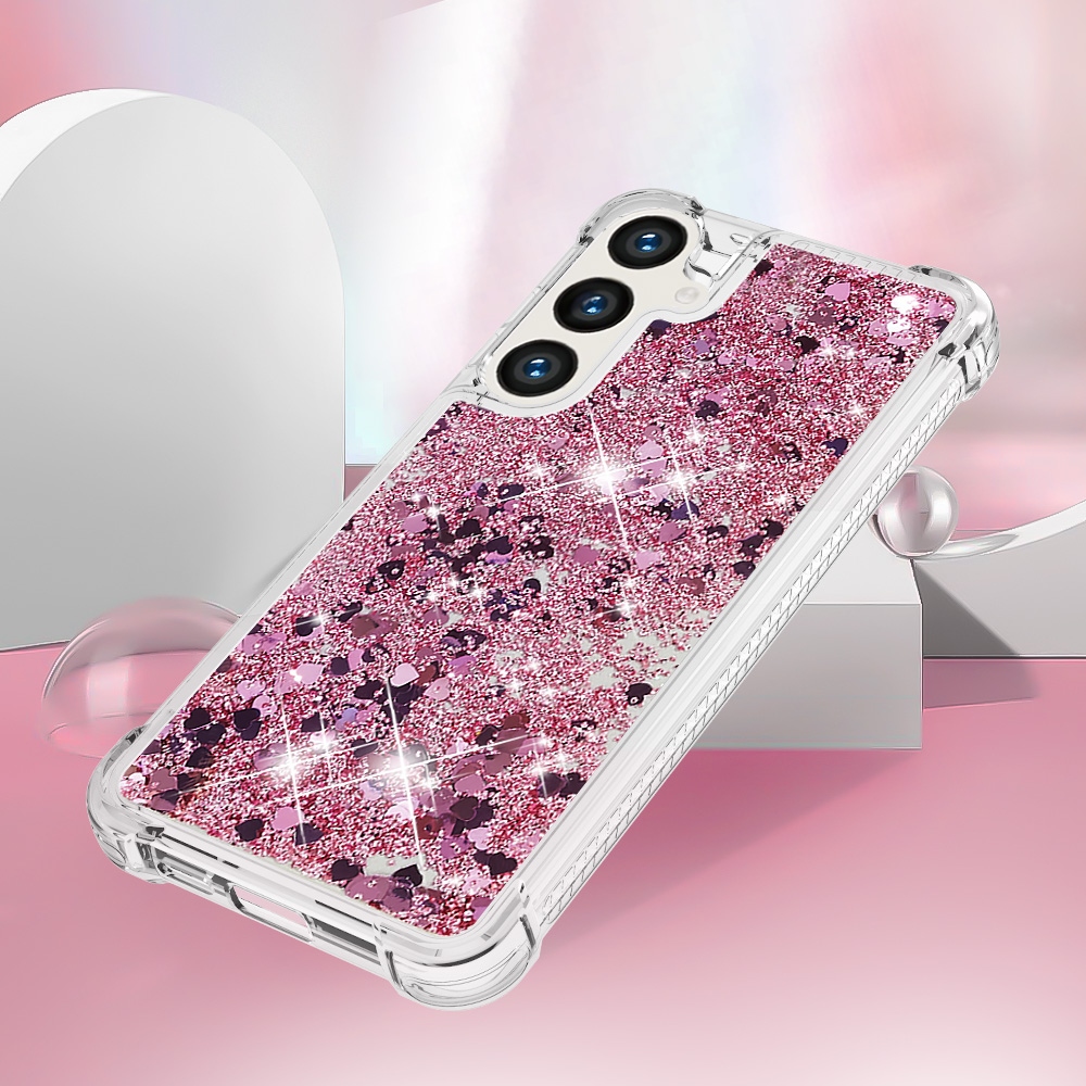 Glitter přesýpací gelový obal na Samsung Galaxy S26 FE/S25 FE - růžovozlatý/srdíčka
