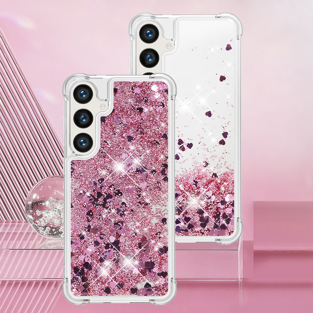 Glitter přesýpací gelový obal na Samsung Galaxy S26 FE/S25 FE - růžovozlatý/srdíčka