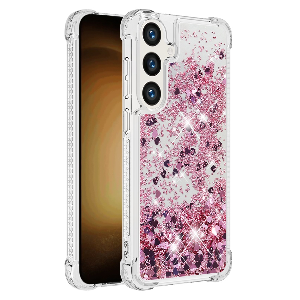 Glitter přesýpací gelový obal na Samsung Galaxy S26 FE/S25 FE - růžovozlatý/srdíčka