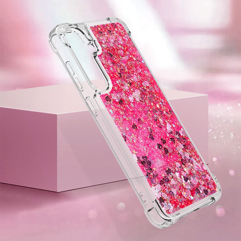 Glitter přesýpací gelový obal na Samsung Galaxy S26 FE/S25 FE - růžový/srdíčka