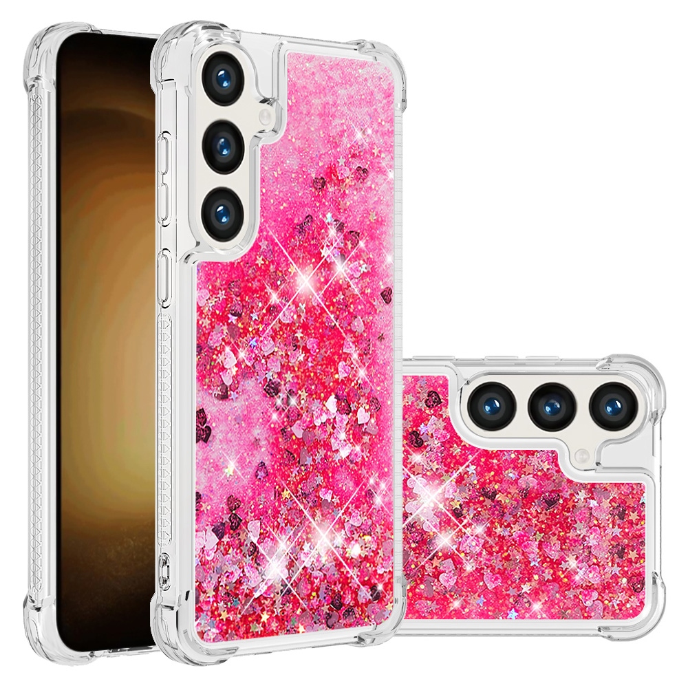 Glitter přesýpací gelový obal na Samsung Galaxy S26 FE/S25 FE - růžový/srdíčka