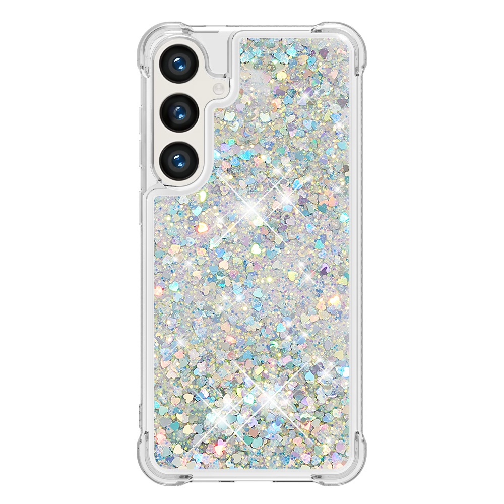 Glitter přesýpací gelový obal na Samsung Galaxy S26 FE/S25 FE - stříbrný/srdíčka