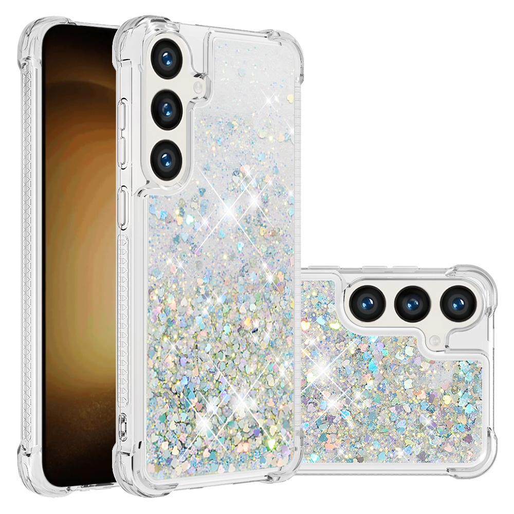 Glitter přesýpací gelový obal na Samsung Galaxy S26 FE/S25 FE - stříbrný/srdíčka