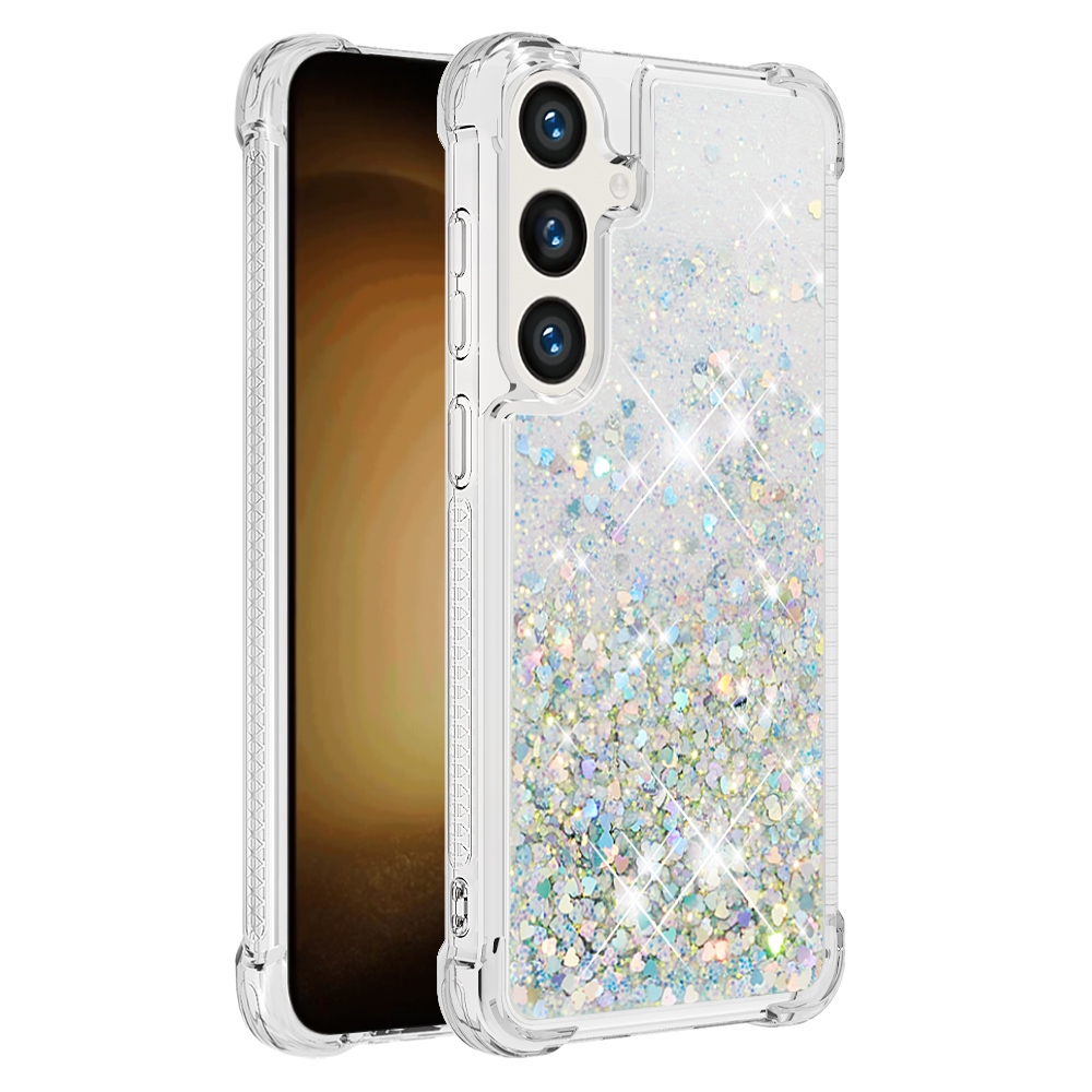 Glitter přesýpací gelový obal na Samsung Galaxy S26 FE/S25 FE - stříbrný/srdíčka