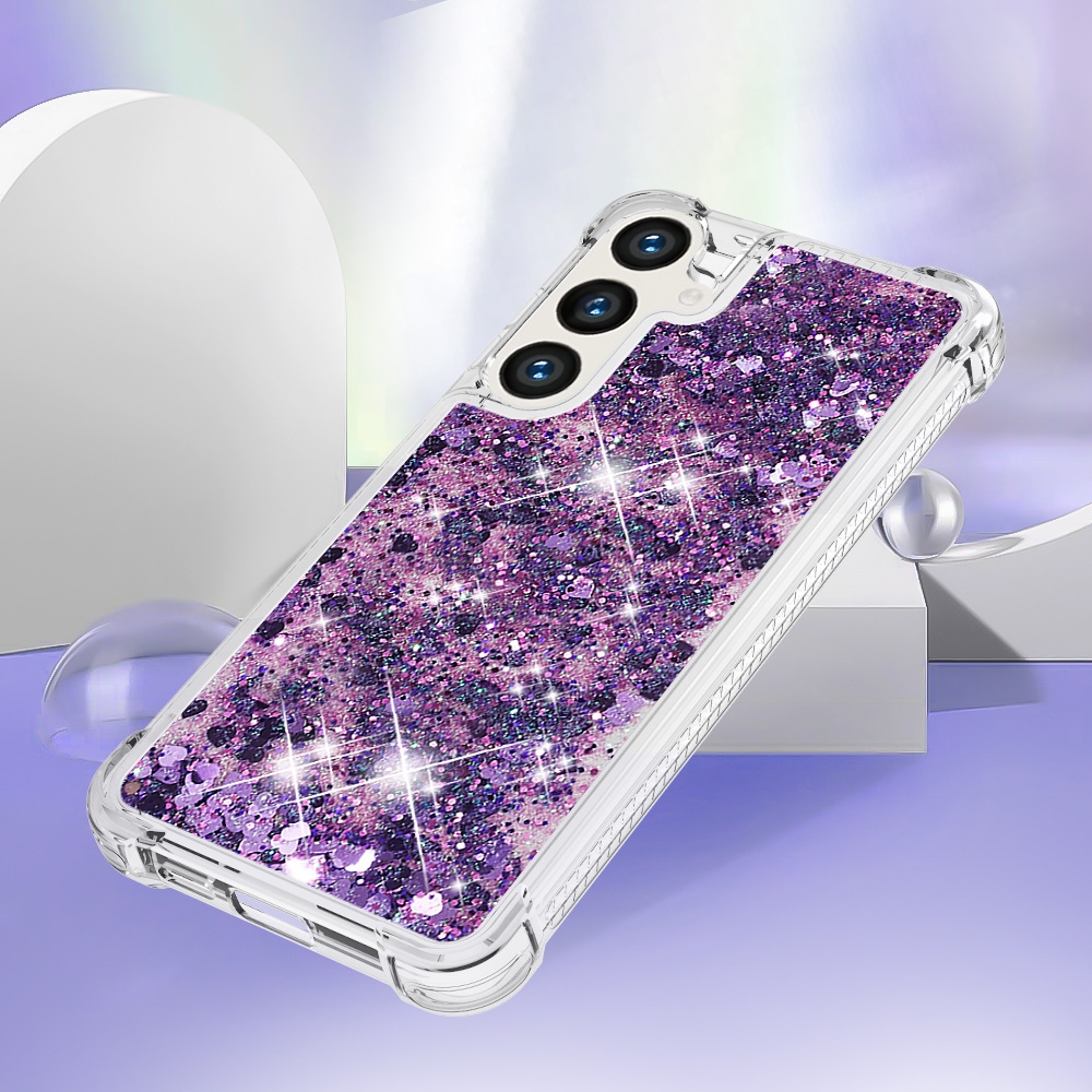Glitter přesýpací gelový obal na Samsung Galaxy S26 FE/S25 FE - tmavěfialový/srdíčka