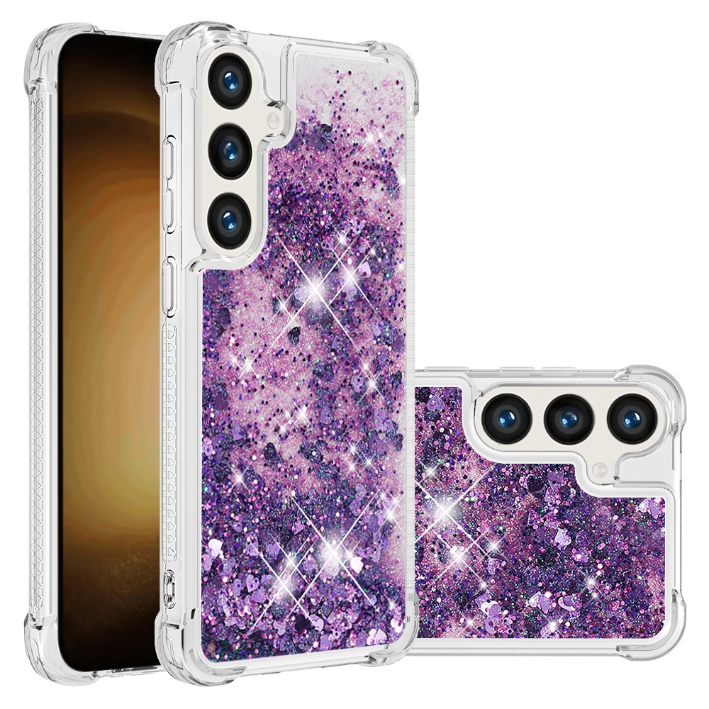 Glitter přesýpací gelový obal na Samsung Galaxy S26 FE/S25 FE - tmavěfialový/srdíčka
