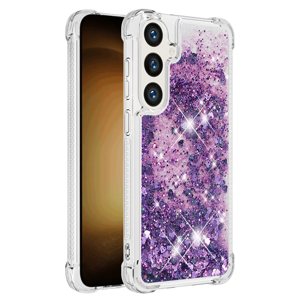 Glitter přesýpací gelový obal na Samsung Galaxy S26 FE/S25 FE - tmavěfialový/srdíčka