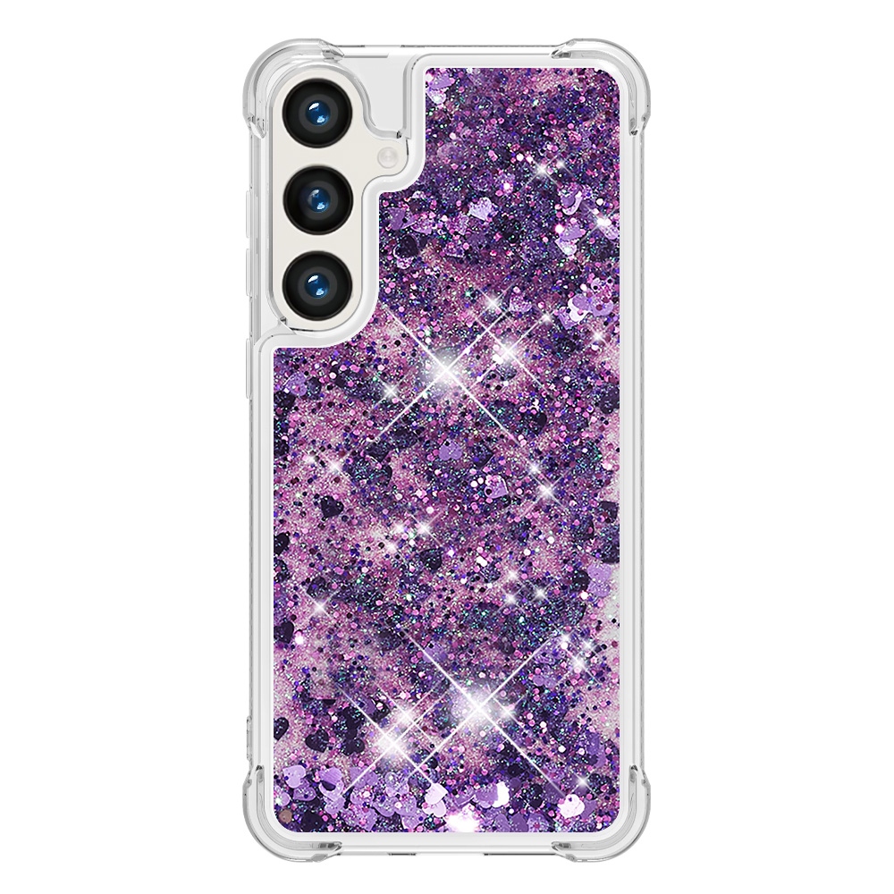Glitter přesýpací gelový obal na Samsung Galaxy S26 FE/S25 FE - tmavěfialový/srdíčka