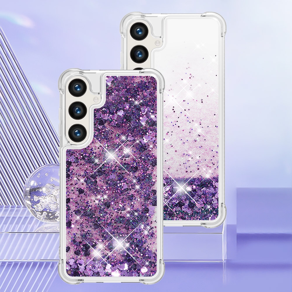 Glitter přesýpací gelový obal na Samsung Galaxy S26 FE/S25 FE - tmavěfialový/srdíčka