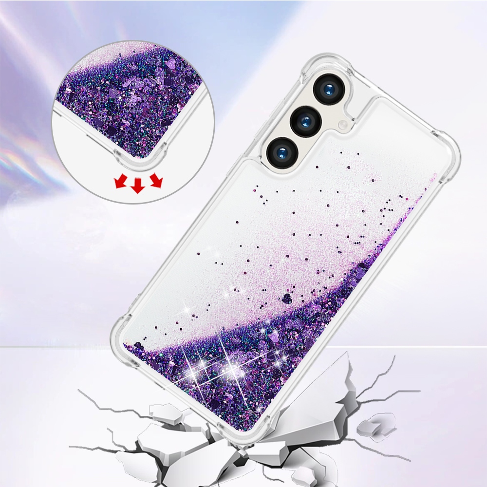 Glitter přesýpací gelový obal na Samsung Galaxy S26 FE/S25 FE - tmavěfialový/srdíčka