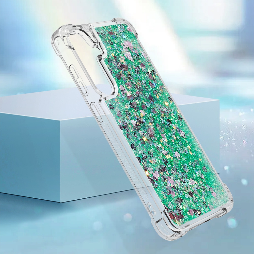Glitter přesýpací gelový obal na Samsung Galaxy S26 FE/S25 FE - zelený/srdíčka