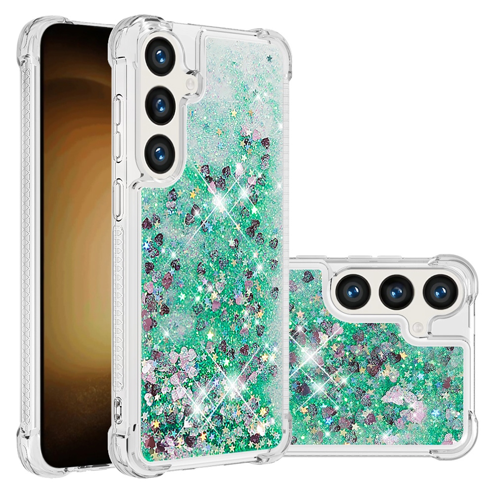 Glitter přesýpací gelový obal na Samsung Galaxy S26 FE/S25 FE - zelený/srdíčka