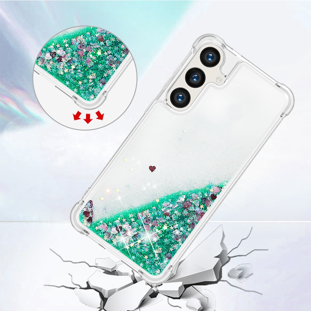 Glitter přesýpací gelový obal na Samsung Galaxy S26 FE/S25 FE - zelený/srdíčka