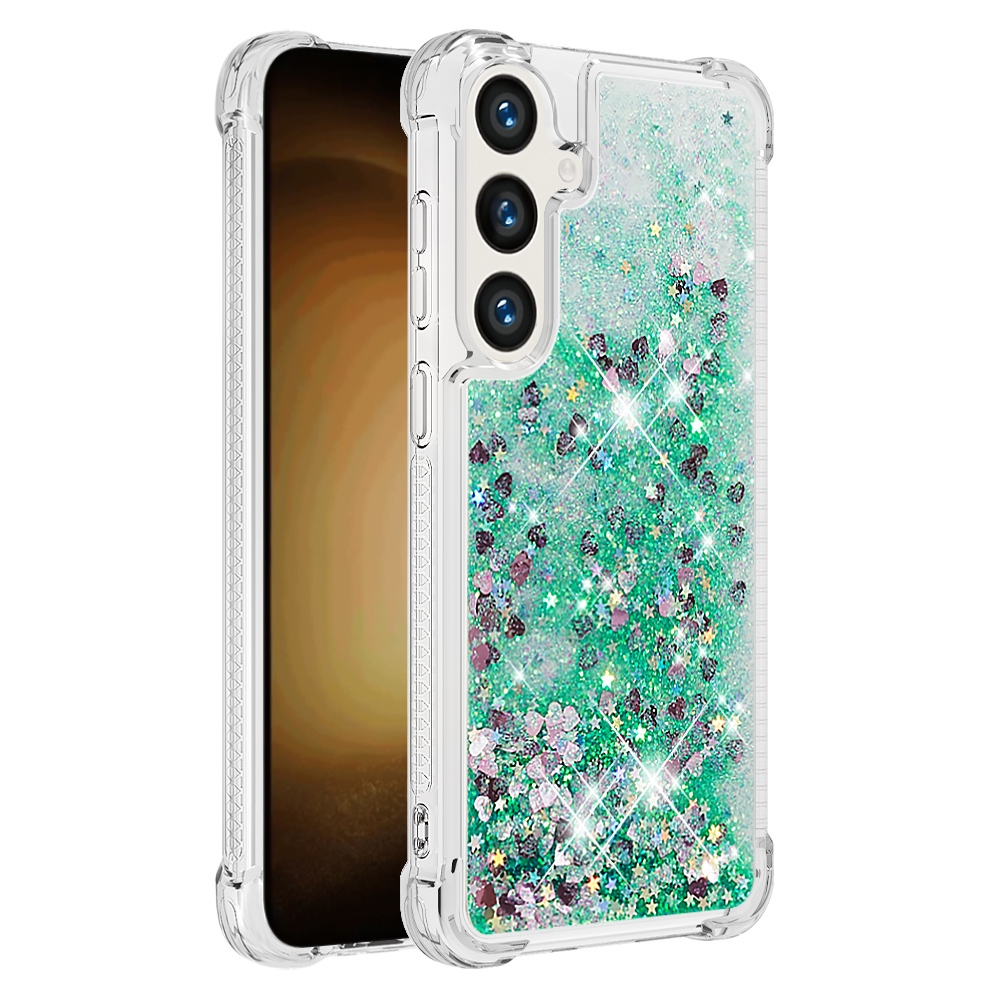 Glitter přesýpací gelový obal na Samsung Galaxy S26 FE/S25 FE - zelený/srdíčka