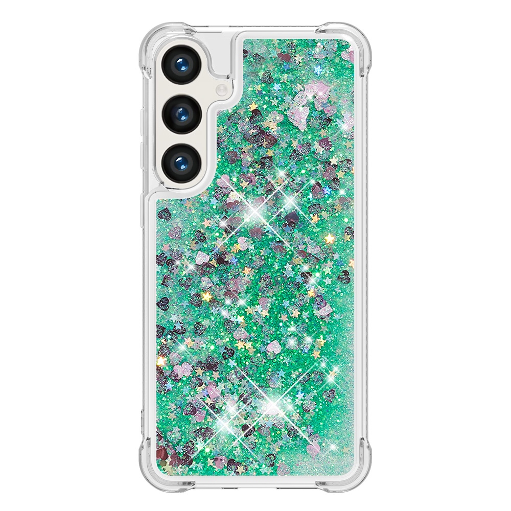 Glitter přesýpací gelový obal na Samsung Galaxy S26 FE/S25 FE - zelený/srdíčka