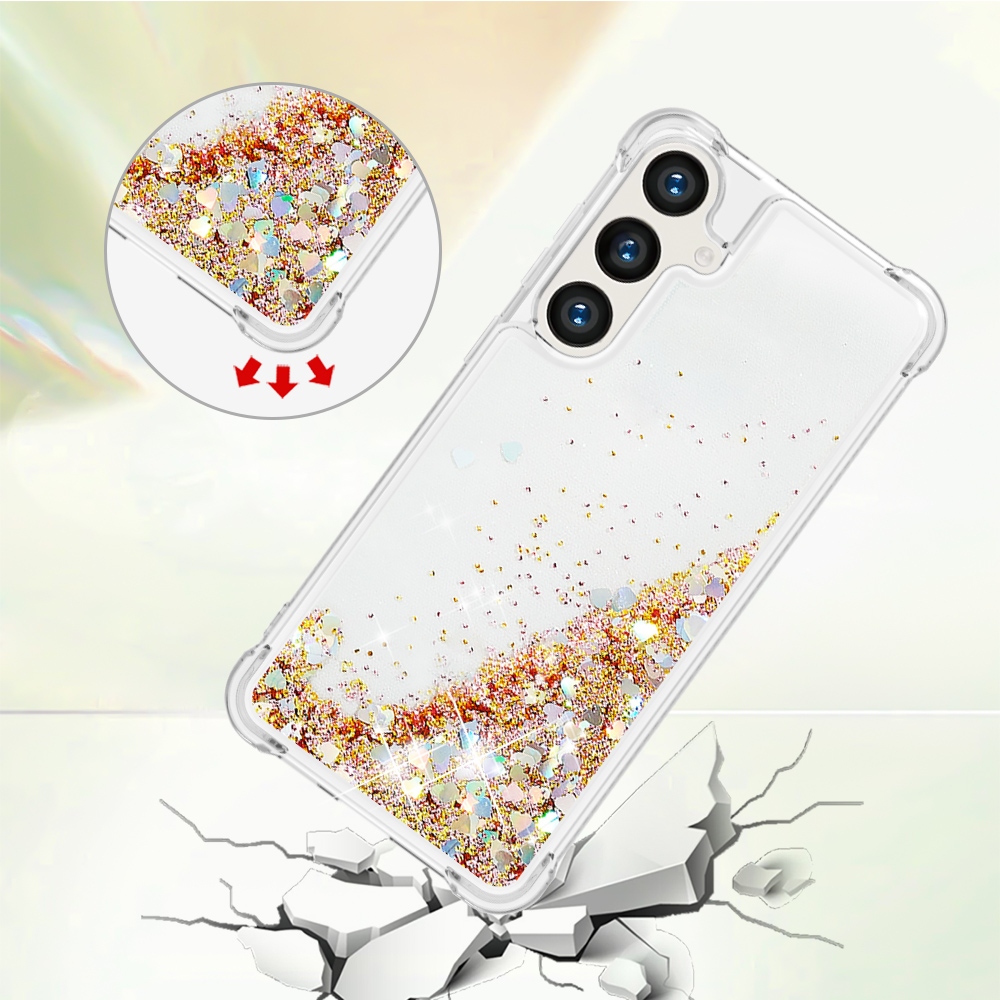 Glitter přesýpací gelový obal na Samsung Galaxy S26 FE/S25 FE - zlatý/srdíčka