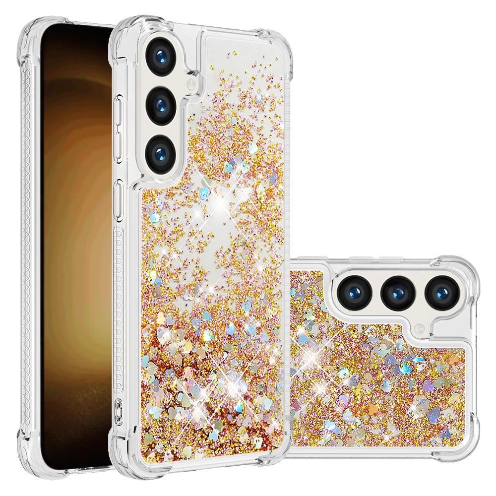 Glitter přesýpací gelový obal na Samsung Galaxy S26 FE/S25 FE - zlatý/srdíčka