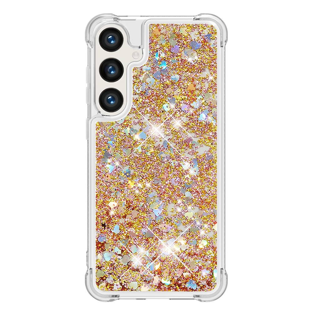 Glitter přesýpací gelový obal na Samsung Galaxy S26 FE/S25 FE - zlatý/srdíčka